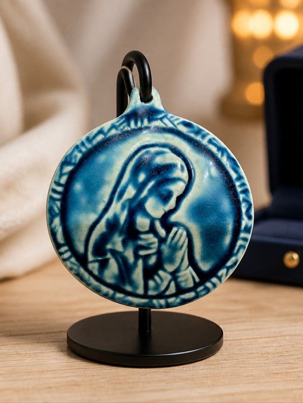 Blessed Virgin Mary Ornament handcrafted by Pewabic Pottery in Detroit